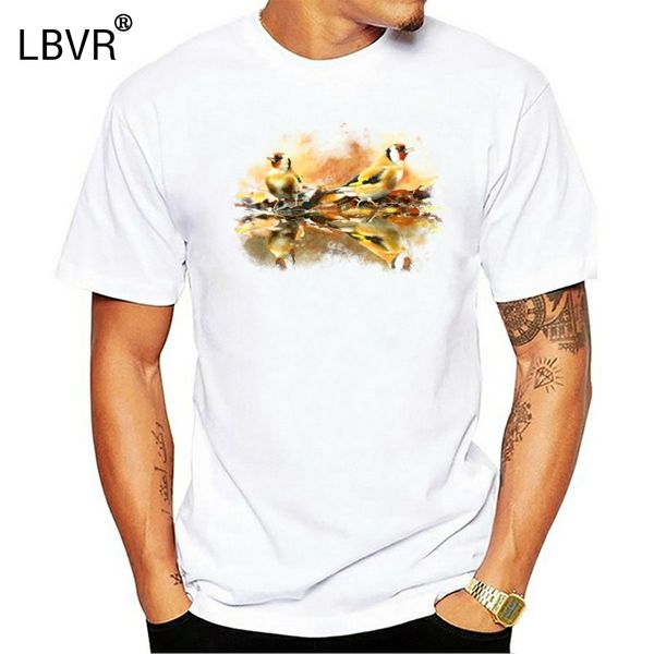 

mans t-shirt with original p print of birds goldfinches watercolor effect