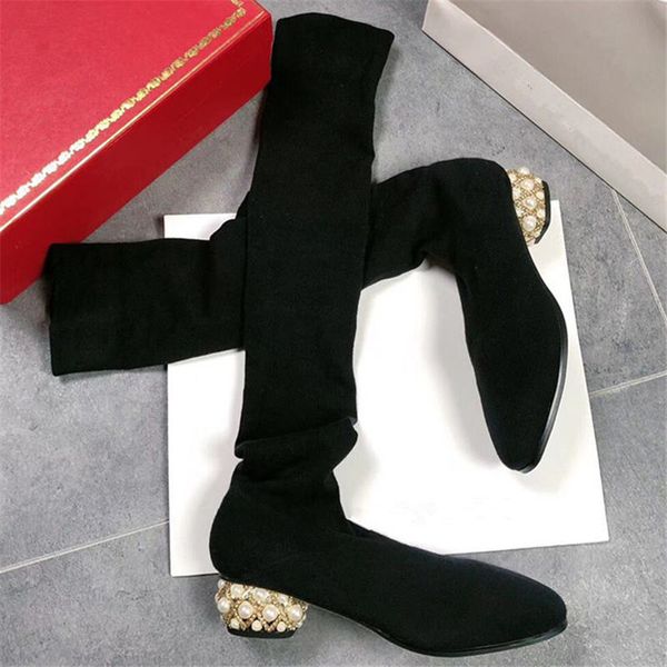 

over the knee boots women sock boots thigh high spring square toe pearls med heels shoes woman slim knitting stretch, Black