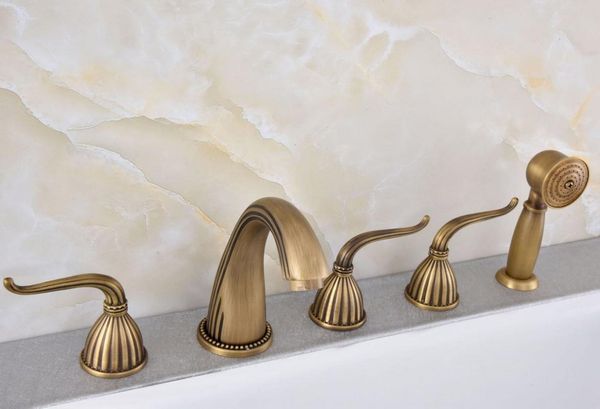 

vintage retro antique brass widespread 5 holes bathroom roman tub bath faucet with telephone style hand held shower head atf242