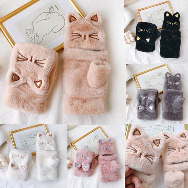 

five fingers gloves warmer winter vingerloze handschoenen hoge lovely warm flip over thickening cat plush w1220, Blue;gray