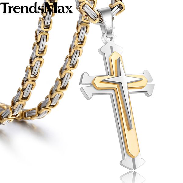 

trendsmax mens necklace pendant stainless steel chain 3 layer knight cross silver gold black color kp179-kp180