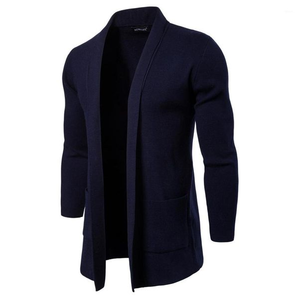 

sleeve outerwear casual coats fashion knit with pocket men jackets spring autumn mens open stitch solid stand collar long, Black;brown
