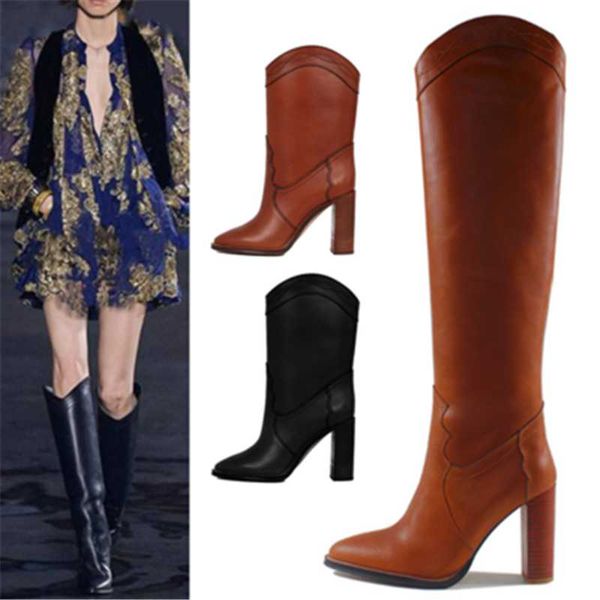 

boots siddon runway knee high for women pointed toe heels fashion vintage ladies leather shoes woman, Black