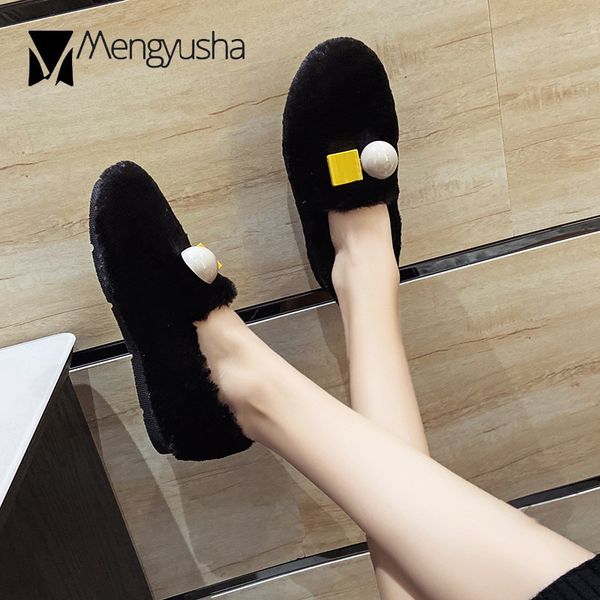 

square&round buckle cotton shoes women fur slip on moccasins winter creepers comfy loafers solid thincken furry women flats 2020, Black