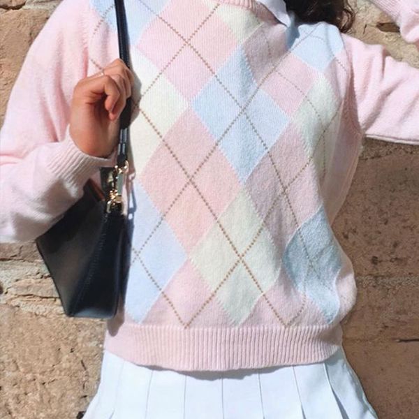 

women's sweaters cute pink y2k argyle sweater womens fall fashion 2021 knit pullover long sleeve plaid jumper pulls femme, White;black