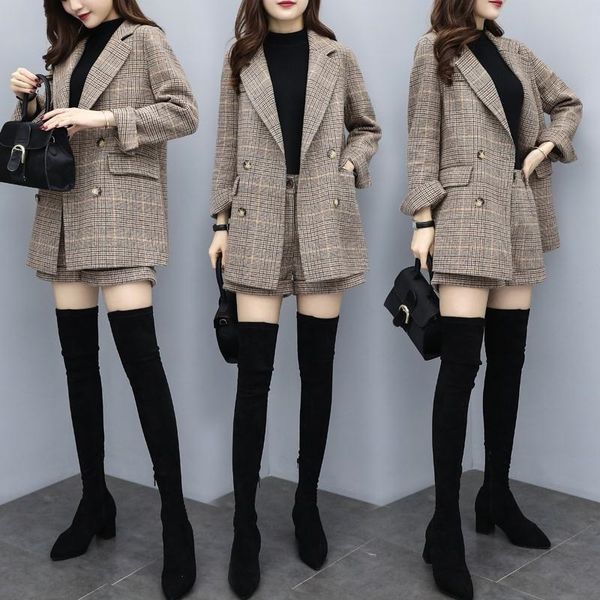 

2020 new women's autumn and winter two-piece pants woolen bird style suit shorts casual coat coat shorts coatfashion suit for women cyt, Gray