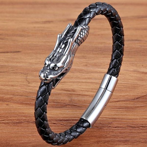 

xqni men jewelry 19/21cm retro chinese symbol dragon pattern genuine leather bracelet with magnet clasp for birthday party gift, Golden;silver