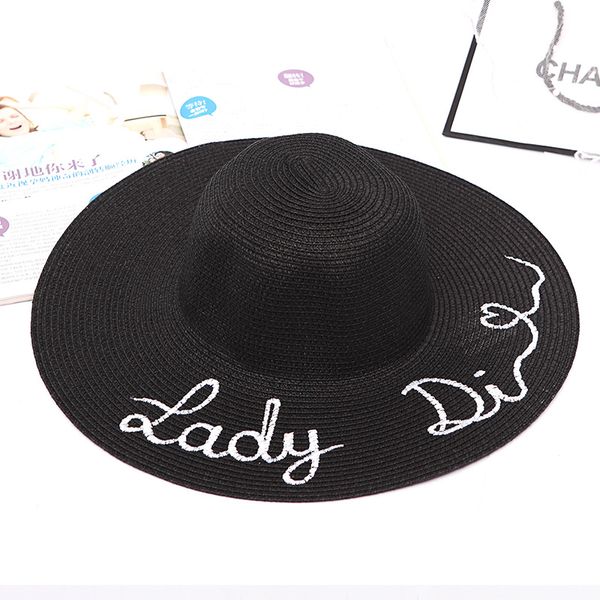 

wide brim hats ly fashion protable women sun hat letter embroidery straw plaited summer beach sunscreen foldable large do, Blue;gray