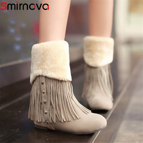 

smirnova 2020 new arrival women ankle boots flock round toe keep warm snow boots tassel fashion casual winter shoes woman, Black