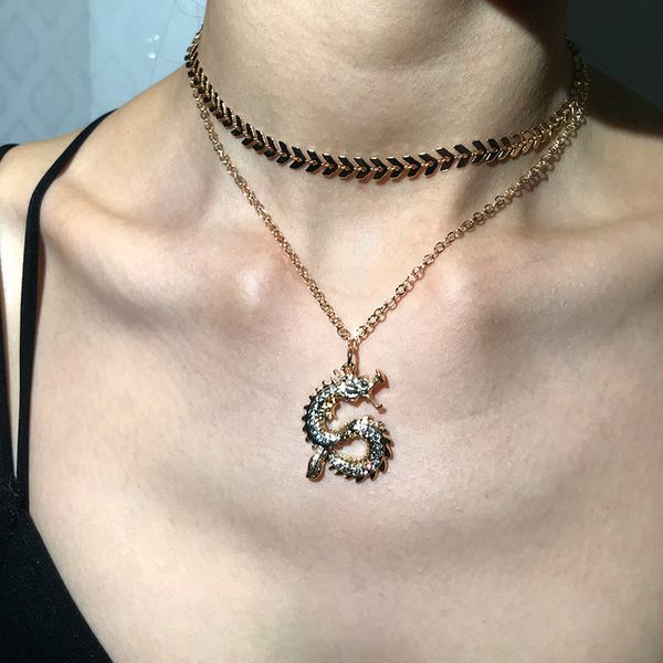

flatfoosie 2020 new dragon pendant necklaces for women men gold color fashion double layer chain choker necklace jewelry gifts, Silver