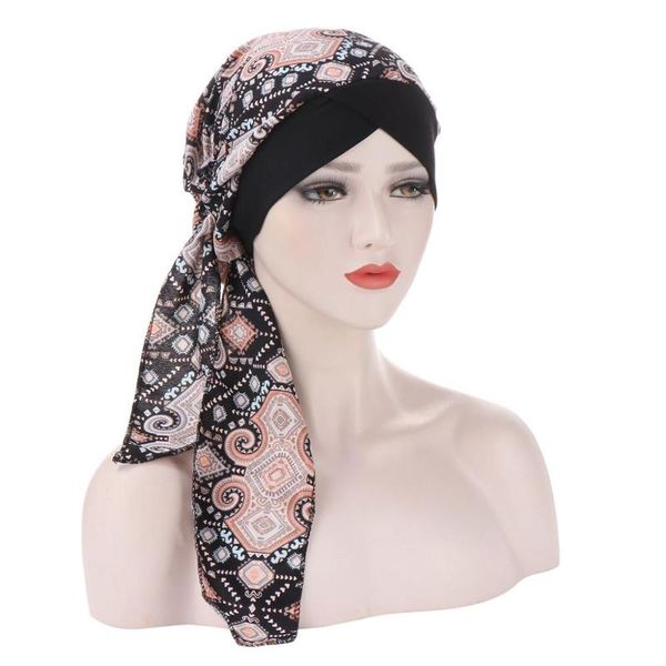 

beanie/skull caps bohemia style bandage turban head cover sleep long tail chiffon breathable wrap nigeria women hair bonnet cap tb-94c, Blue;gray