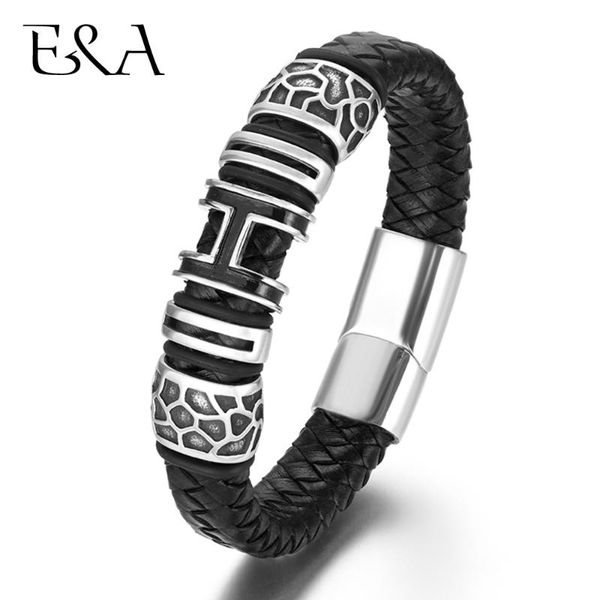 

charm bracelets genuine braided leather bracelet for men 316l stainless steel magnetic clasp h charms woven trendy male bangle jewelry, Golden;silver
