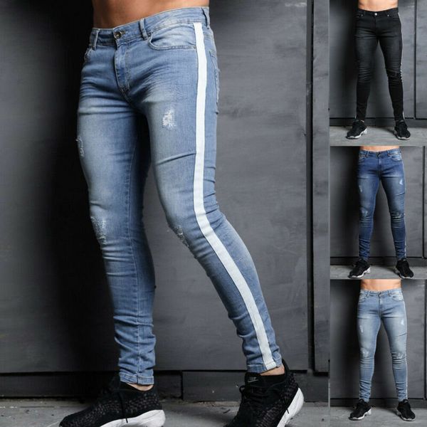 

hirigin men skinny jeans pant casual trousers 2020 denim black jeans homme stretch side striped pencil pants fit streetwear 3xl, Blue