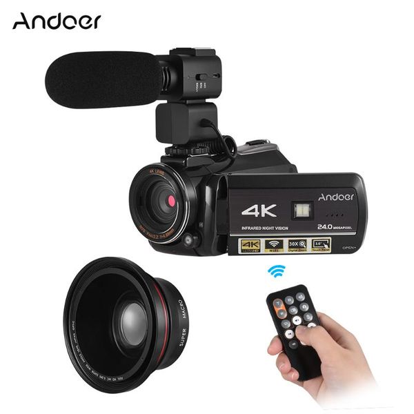 

andoer 4k 24mp digital video camera camcorder dv recorder wifi connect ir night vision with 0.39x wide angle lens + microphone