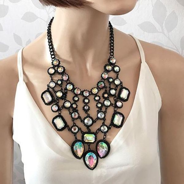

qiaose fashion luxury 7 colors crystal pendant choker necklace jewelry for women maxi statement necklace accessories sale, Golden;silver