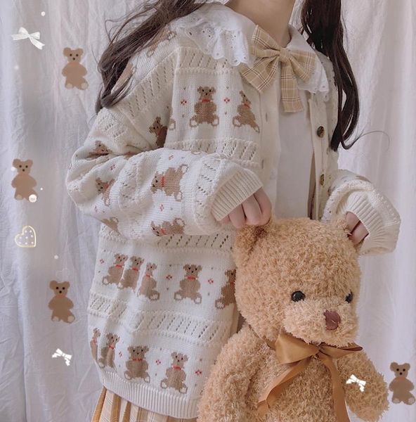 

vintage countryside feel cute bears women's knitted sweater cardigan long sleeve fall,winter sweaters preppy style girls beige, White