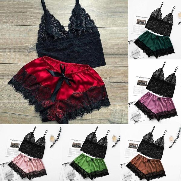 

women satin lace v-neck camisole bowknot shorts set sleepwear pajamas lingerie shop lenceria mujer lingerie #2n13, Black;white