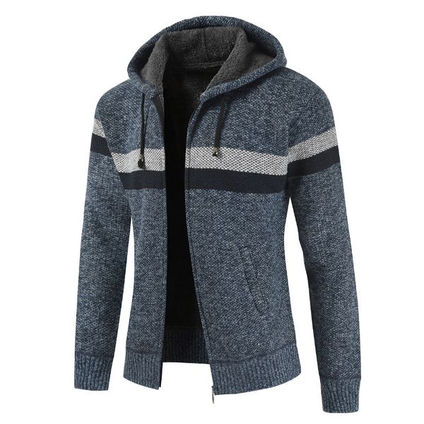 

men winter hooded cardigan sweater man warmth stripe knit coat fashion wild simple striped sweater casual plus velvet, White;black