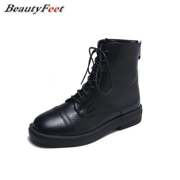 

solid leather autumn winter boots shoe for women shoes woman lace up platform square low heels warm plush ankle boots plus size, Black