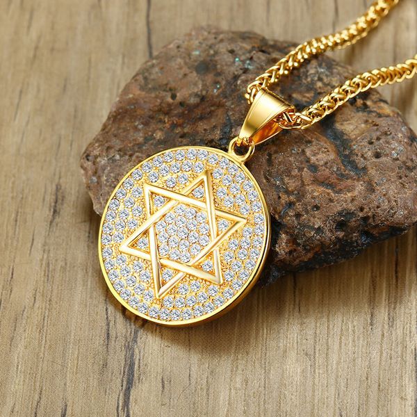 

gold necklaces mens zircon six star pendants circle stainless steel gifts for male accessories jewelry on the neck wholesale, Silver