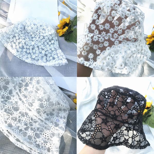 

summer lace cap women flowers embroidery hollow bucket hat breathable mesh fisherman hat sunscreen white sunhat black sun caps, Blue;gray