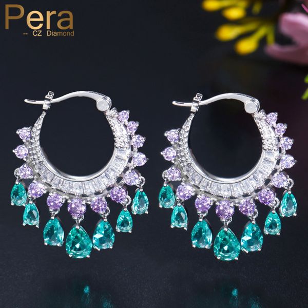 

pera trendy purple blue cz crystal big round hanging water drop tassel dangle earrings for women wedding party jewerly e451, Silver