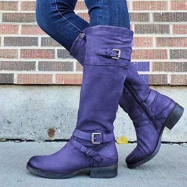 

women knee high boots gladiator low heels autumn pu leather winter plus size shoes booties vintage shoe mujer, Black