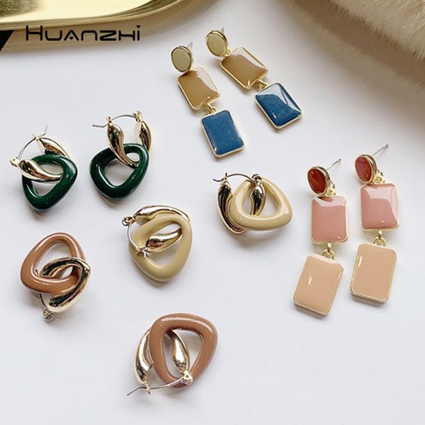 

huanzhi 2020 new s925 vintage drip glaze geometric enamel metal circle drop earrings for women girls fashion jewelry gifts, Silver