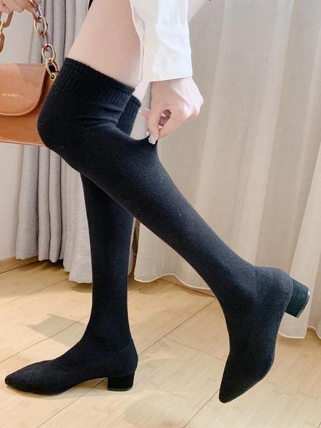 

lady boots boots-women booties woman 2020 low heel pointe shoes thigh high heels high ladies pointy autumn, Black