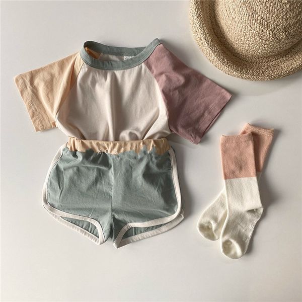 

3812 korean boys and girls clothing set children's lovely sports suit patchwork sleeve t shirt +short baby kids 2 pieces suit, White