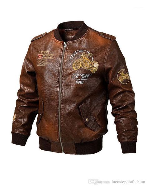 

with designer locomotive embroidery decoration zipper fly mens jacket handpainted homme casual clothes mens pu leather, Black