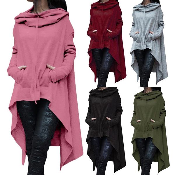 

women winter casual long hooded pocket irregular hoodies coat coats long sleeve lady loose hoodies drop shipping, Black