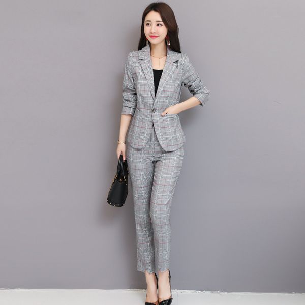 

2 piece set women women's new style fashion style commuting plaid professional suit pants two piece outfits for women, Gray