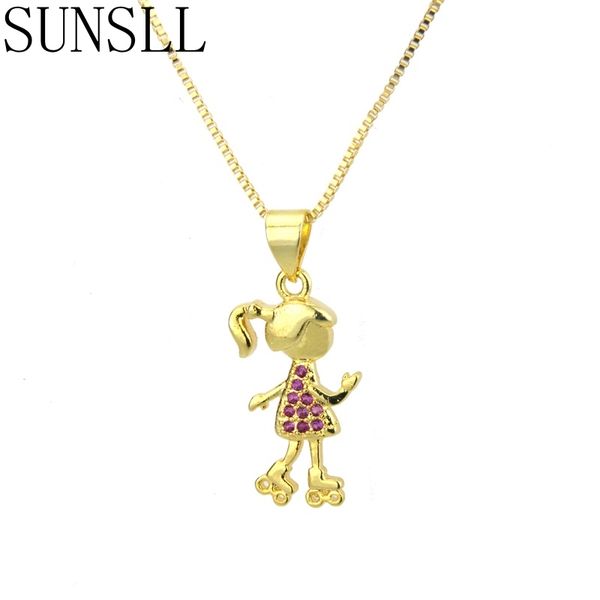 

sunsll new designed gold/silver color red cubic zirconia tiny simple roller skating girl pendant necklace for children gift