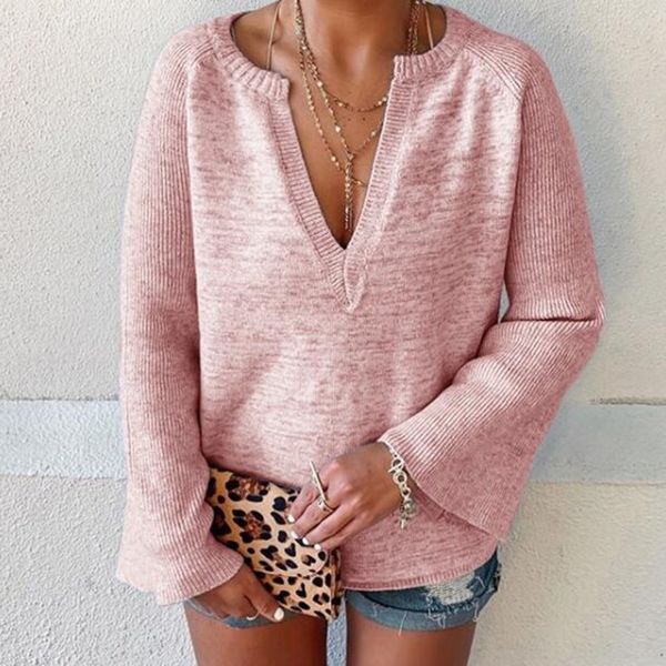 

2020 autumn and winter new women's chicken heart v-neck trumpet sleeve for sweater horn sweater women fbhde, White;black