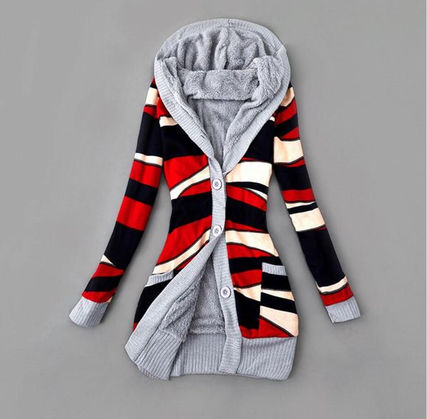 

sell women winter thick hooded cardigans sweaters fleece warm solid loose knitted coat long sleeve knitwear outerwear, White