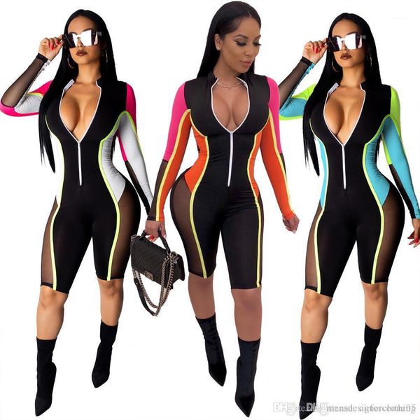 

patchwork rompers one piece suits long sleeve joint zipper clothing contrast color women jumpsuits summer gauze, Black;white