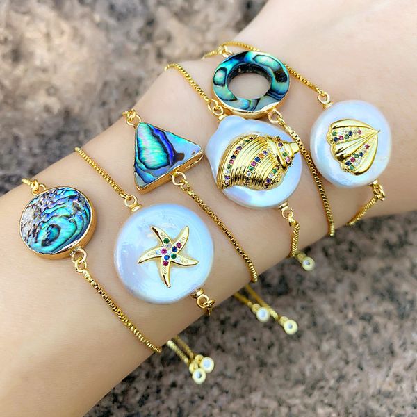 

charm bracelets women fashion natural pearl shell/seastar bracelet abalone seastar round rainbow zirconia bangle, Golden;silver