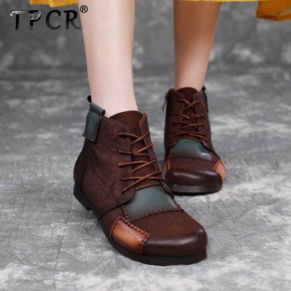 

tpcr 2020 new fashion real cowhide women personality anti-skid retro vintage woman single boots casual mixed colors lace up boot, Black