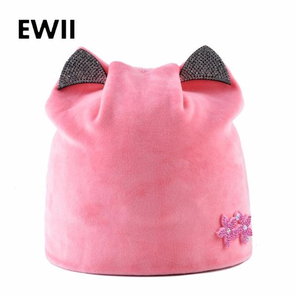 

beanie/skull caps women winter hat with ear brand cute beanie hats rhinestone casquette femme knit beanies cap girl skullies gorras, Blue;gray