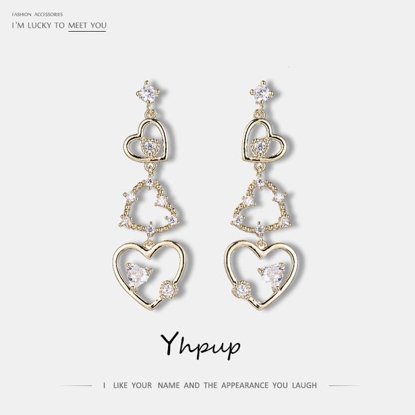 

yhpup trendy cz luxury heart dangle earrings copper 14 k shining charm earrings pendientes mujer for women party accessories, Silver