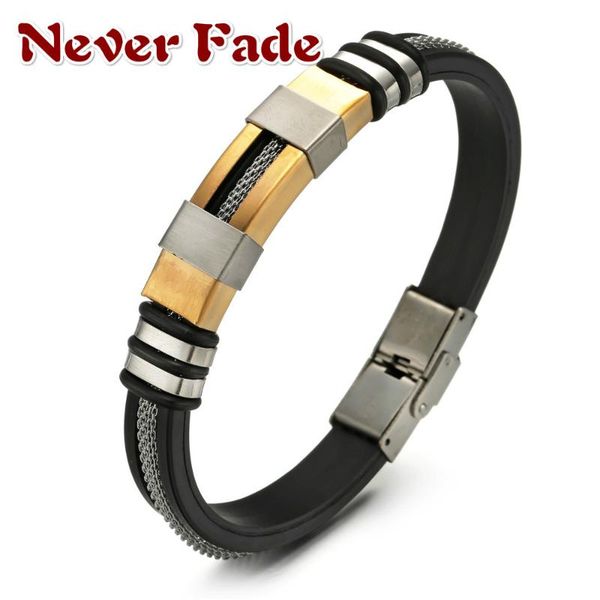 

stainless steel bracelet men wrist band black grooved rudder silicone mesh link insert punk wristband stylish casual bangle