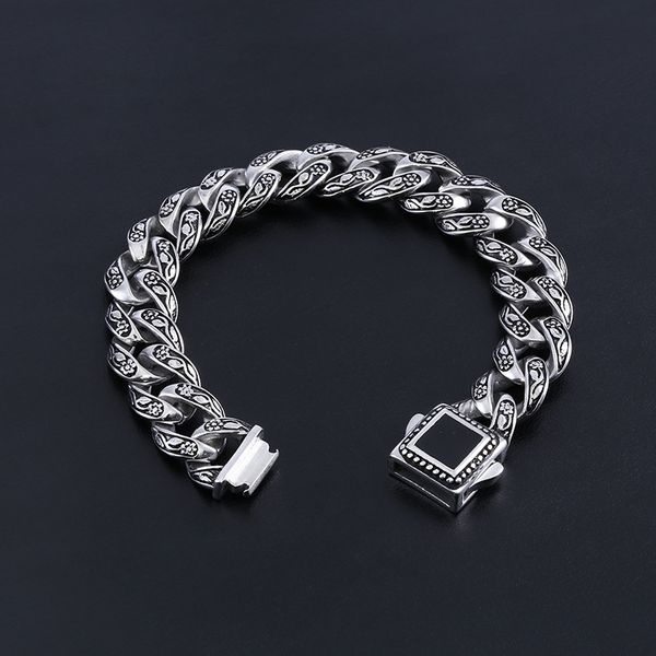 

15mm heavy punk rock retro 316l stainless steel rose flower curb cuban bracelet hiphop mens biker link chain bracelets jewelry, Black