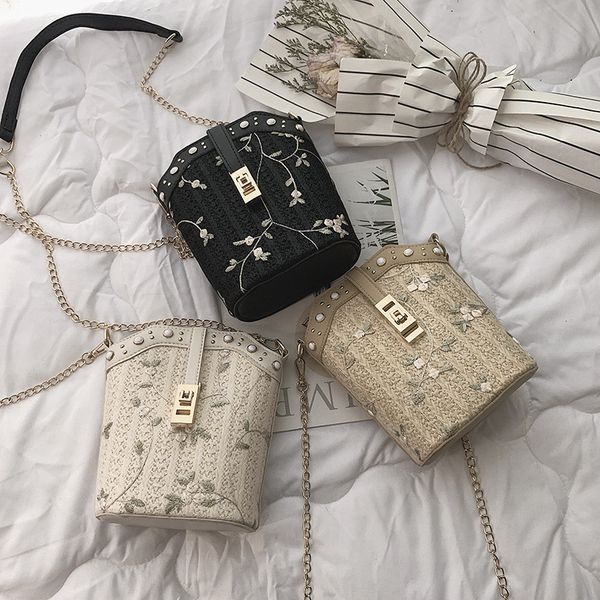 

women handbag handmade straw chain shoulder bag for sweet girl vintage travel beach bag flower embroidery design crossbody