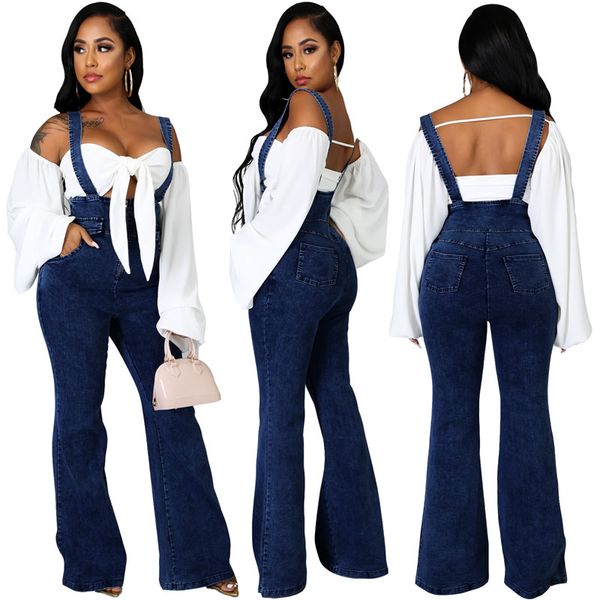 

women's jeans women flare high waist quality strap casual strech skinny overalls pants wholesale drop, Blue