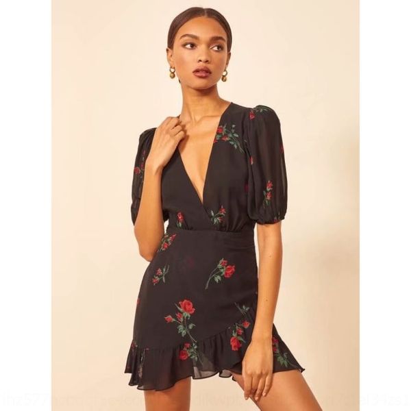 

2020 summer pullover cross v-neck short-sleeved flower print flounced pullover tight tight skirt hem dress skirt iomqj, Black;gray