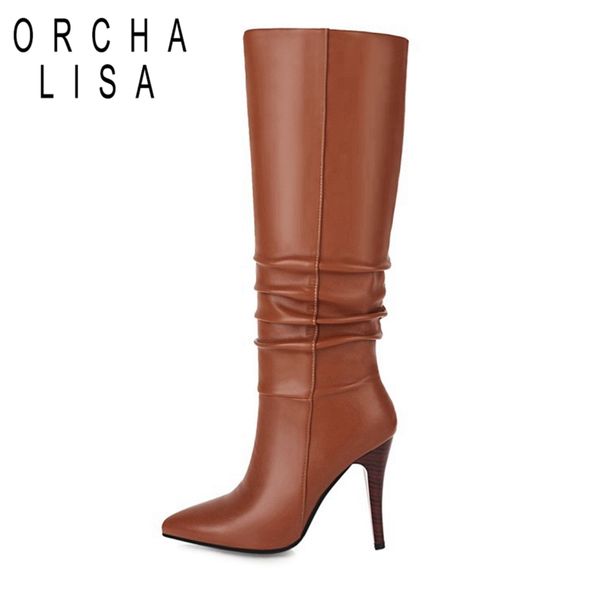 

orchalisa winter knee-high boots pointed toe 10cm thin heels pu slip-on pleated big size 34-43 khaki yellow red black work c2054