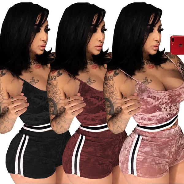 

women velvet 2 piece set black cami crop with shorts set summer slim casual two piece, Gray