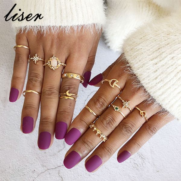 

13pcs/set vintage star opal crystal finger ring set bohemian gold moon crown knuckle midi rings women jewelry accessories, Golden;silver