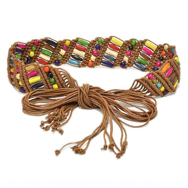 

new color wooden beads ethnic grouphandmade wax rope woven decorative belt ethnic style wooden beads waist chain 1ddia, Black;brown